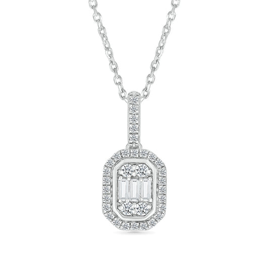 1/4 ct. tw. Round & Baguette Diamond Emerald-Shaped Cluster Pendant in 10K White Gold