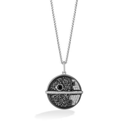 Star Wars Death Star 1/5 ct. tw. Treated Black, White Diamond, & Druzy Pendant in Black Rhodium Plated Sterling Silver