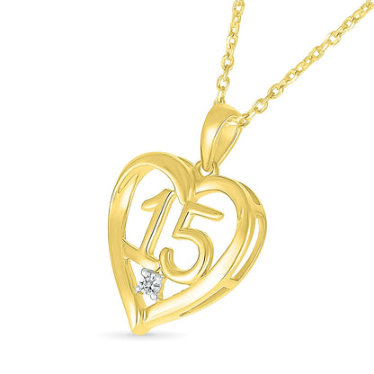 Diamond Accent QuinceaÃ±era Heart Pendant in 10K Yellow Gold front view