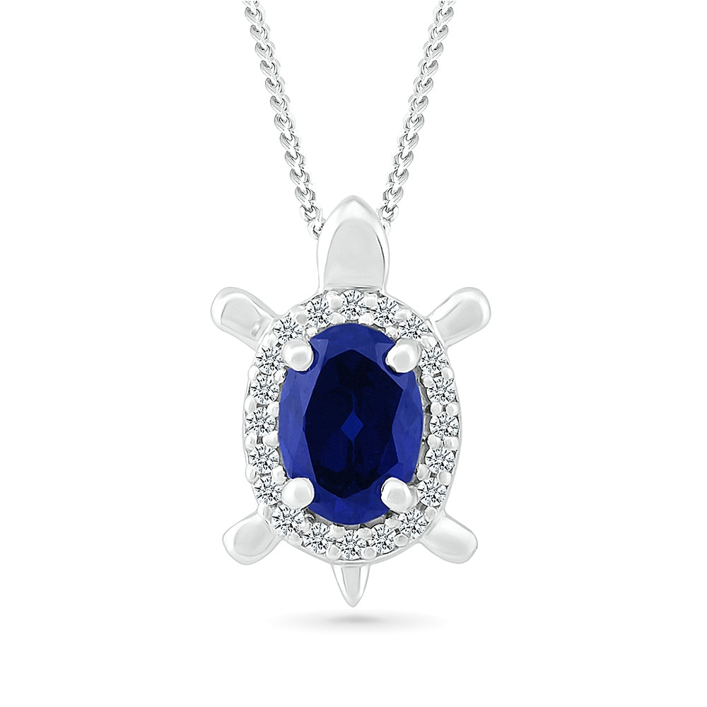 Created Oval Sapphire & White Sapphire Turtle Pendant in Sterling Silver