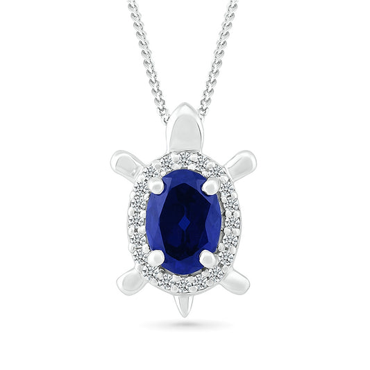 Created Oval Sapphire & White Sapphire Turtle Pendant in Sterling Silver