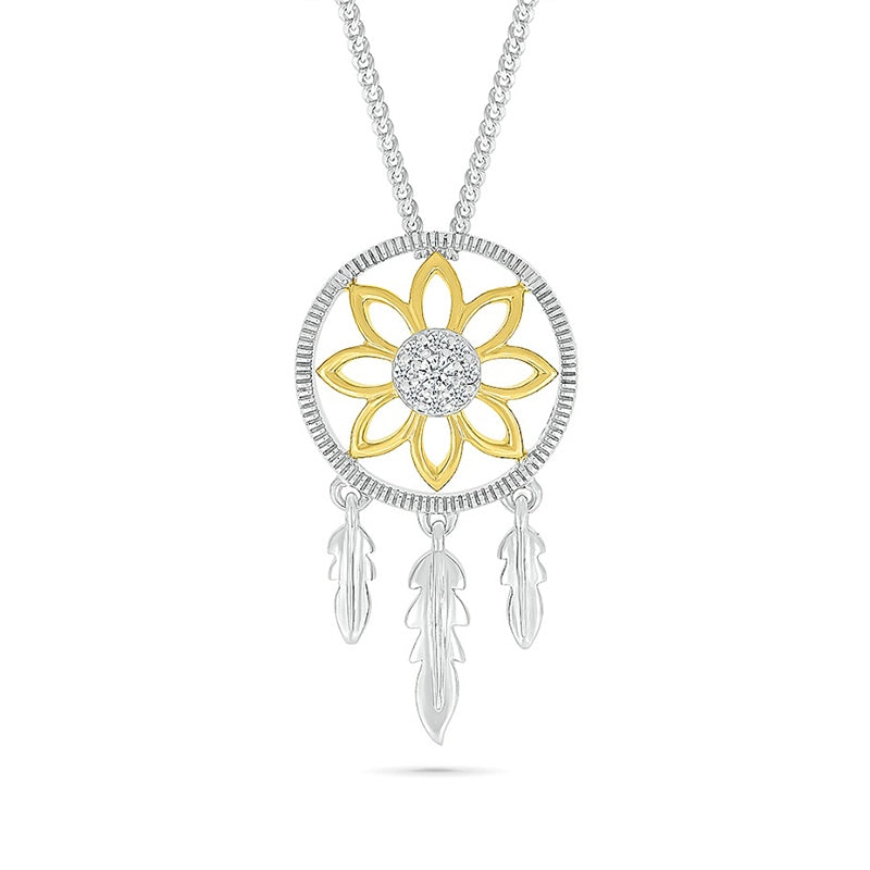 Diamond Accent Flower & Feather Dreamcatcher Pendant in Sterling Silver & 10K Yellow Gold