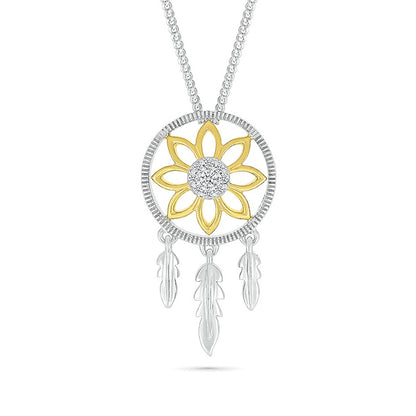 Diamond Accent Flower & Feather Dreamcatcher Pendant in Sterling Silver & 10K Yellow Gold