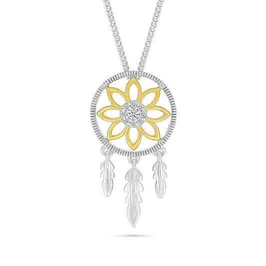 Diamond Accent Flower & Feather Dreamcatcher Pendant in Sterling Silver & 10K Yellow Gold