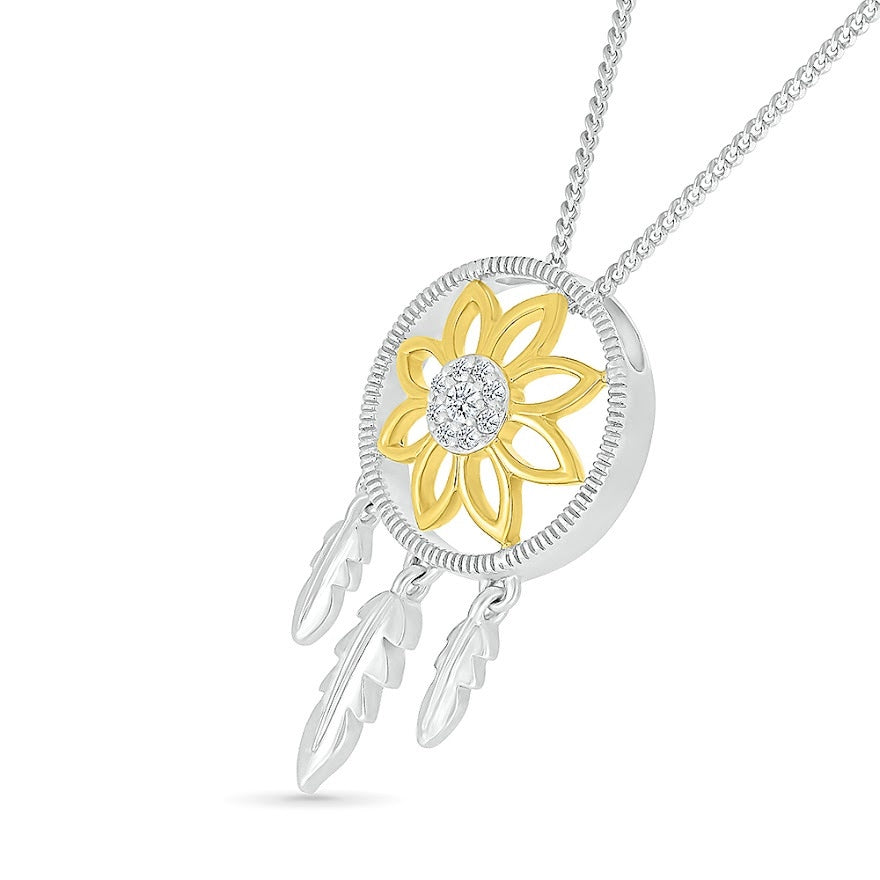 Diamond Accent Flower & Feather Dreamcatcher Pendant in Sterling Silver & 10K Yellow Gold front view