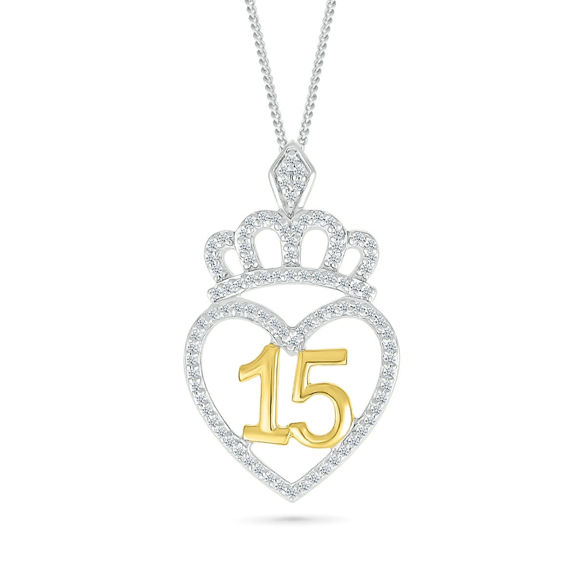 1/5 ct. tw. Diamond QuinceaÃ±era Heart & Crown Pendant in Sterling Silver & 10K Yellow Gold