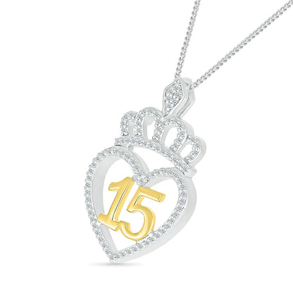 1/5 ct. tw. Diamond QuinceaÃ±era Heart & Crown Pendant in Sterling Silver & 10K Yellow Gold front view