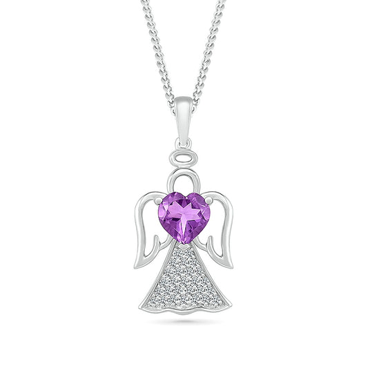 Heart Amethyst & Created White Sapphire Angel Pendant in Sterling Silver
