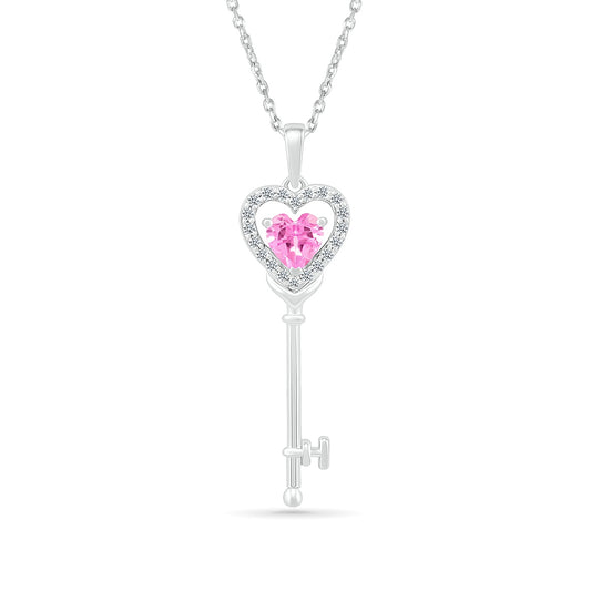 Created Heart-Shaped Pink Sapphire & Created White Sapphire Key Pendant in Sterling Silver