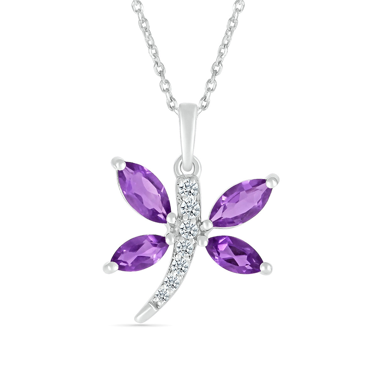 Marquise Amethyst & Diamond Accent Dragonfly Pendant in Sterling Silver