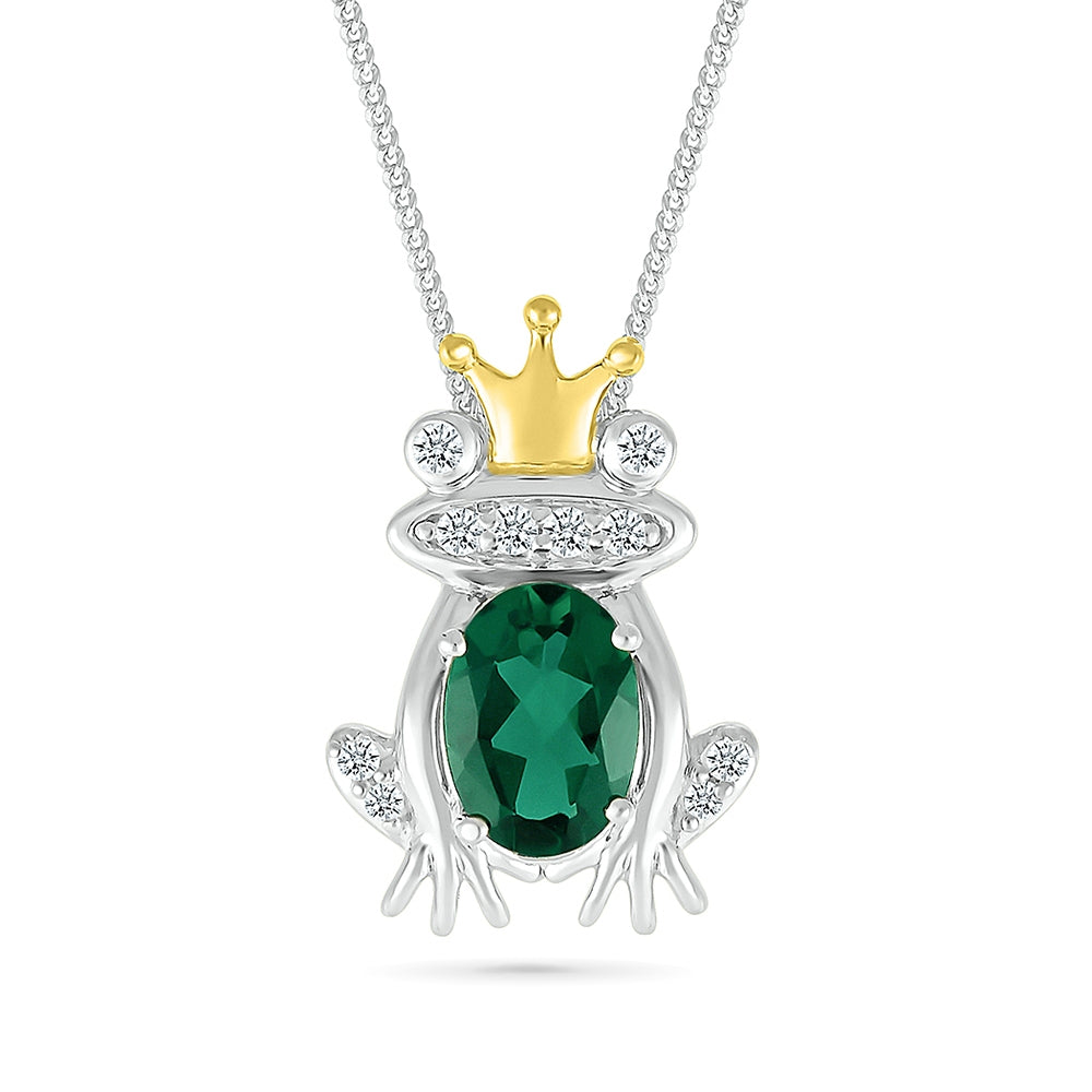 Created Oval Emerald & White Sapphire Frog Pendant in Sterling Silver & 10K Yellow Gold
