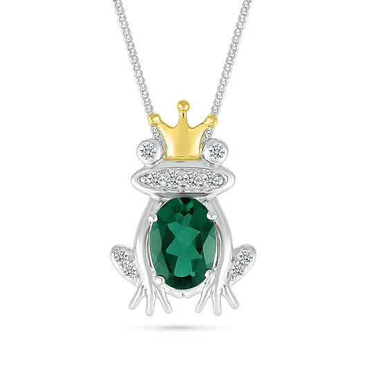 Created Oval Emerald & White Sapphire Frog Pendant in Sterling Silver & 10K Yellow Gold