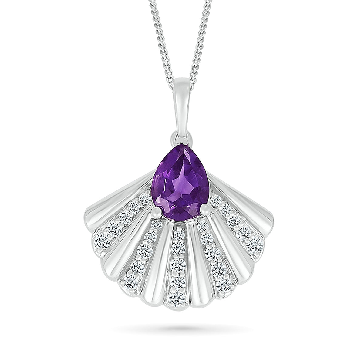 Pear Amethyst & Created White Sapphire Shell Pendant in Sterling Silver
