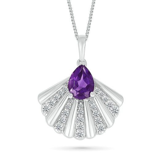 Pear Amethyst & Created White Sapphire Shell Pendant in Sterling Silver