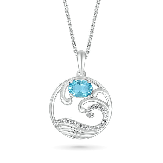Oval Swiss Blue Topaz & Created White Sapphire Ocean Wave Pendant in Sterling Silver
