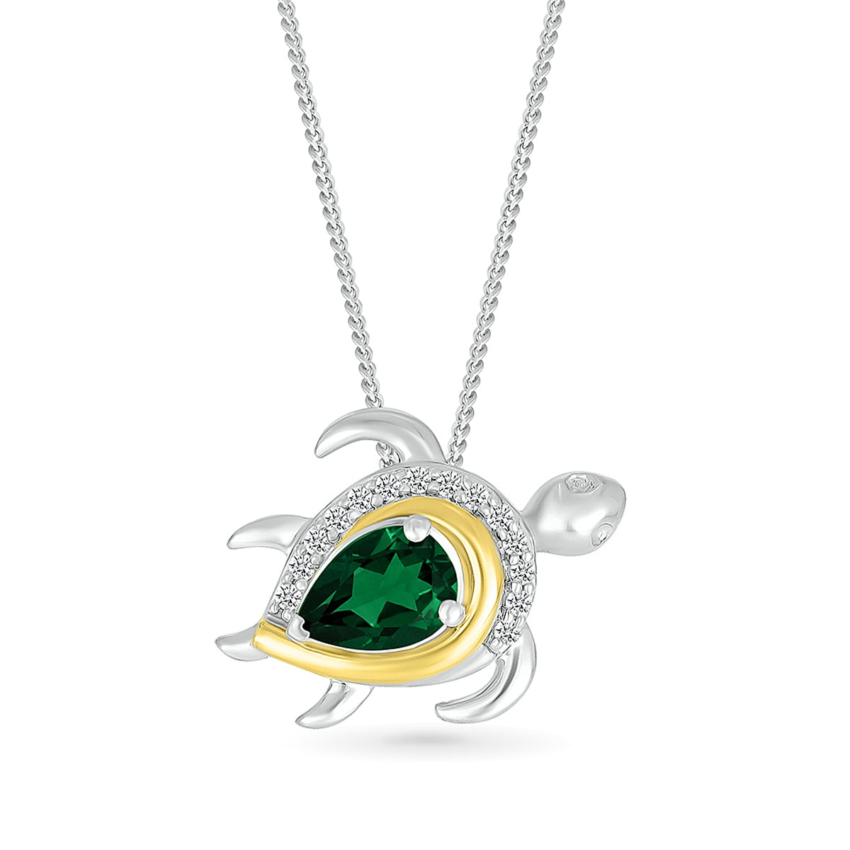 Created Pear Emerald & White Sapphire Turtle Pendant in Sterling Silver & 10K Yellow Gold