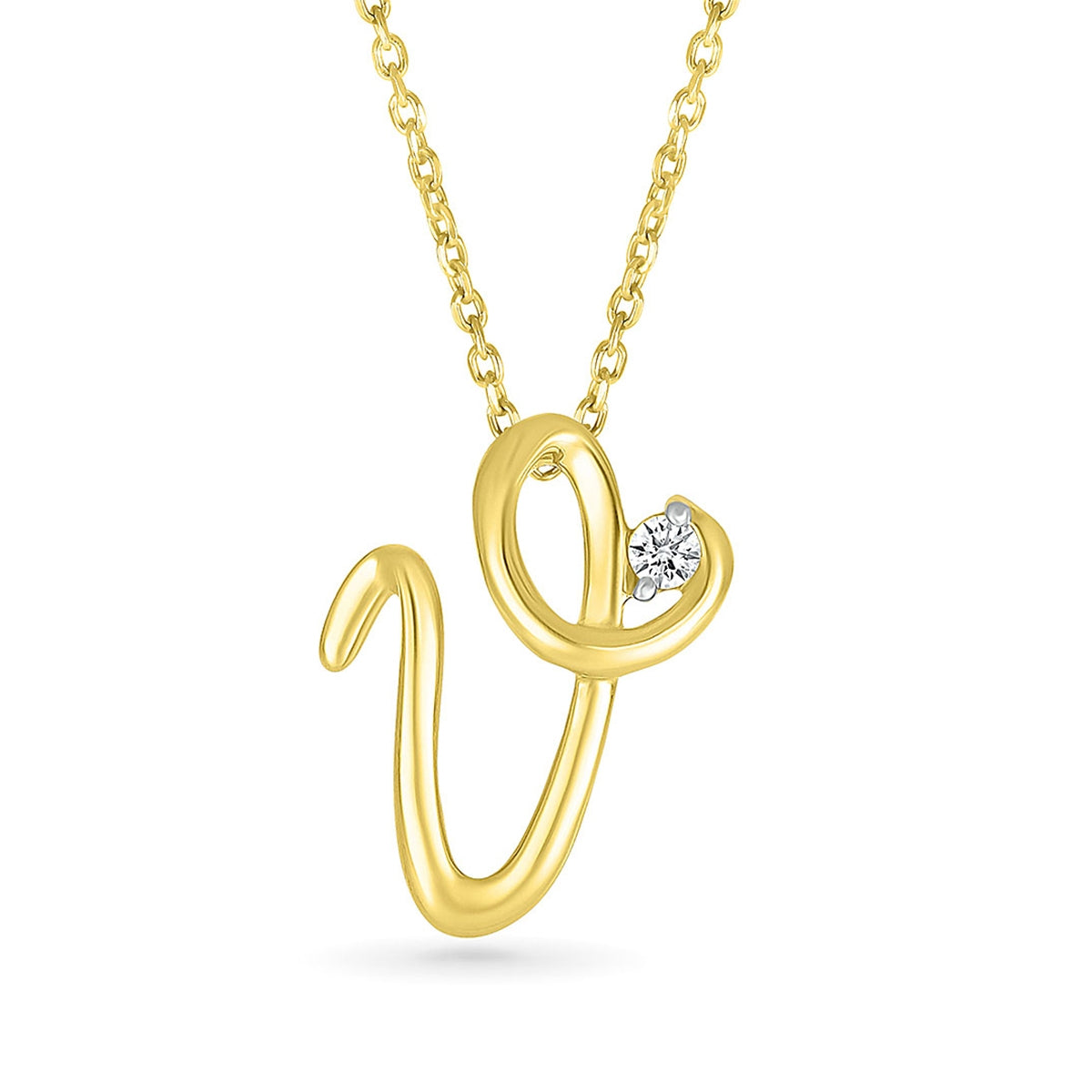 Diamond Accent Lowercase Cursive Initial V Pendant in 10K Yellow Gold