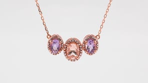 3-Stone Oval Morganite, Rose De France Amethyst & Diamond Accent Halo Necklace in 10K Pink Gold front view
