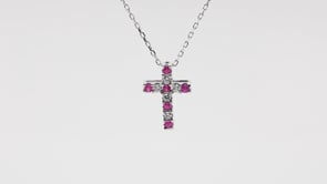 Ruby and Diamond Cross Pendant in 10K White Gold front view