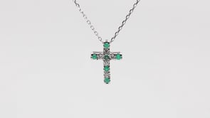 Emerald and Diamond Cross Pendant in 10K White Gold front view