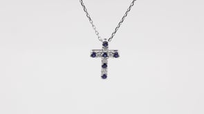 Sapphire and Diamond Cross Pendant in 10K White Gold front view