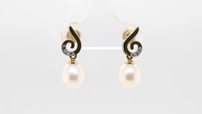 Freshwater Pearl and Diamond Drop Earrings in 10K Yellow Gold front view