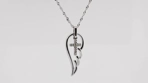 Diamond Cross Angel Wing Pendant in Sterling Silver front view