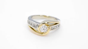 Timeless Collection 3/4 ct. tw. Semi Bezel Round Brilliant Diamond Engagement Ring in 14K White and Yellow Gold front view