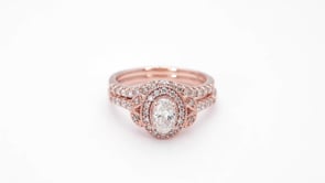 Amaura Collection 1 ct. tw Oval Diamond Halo Wedding Set with Floral Milgrain Inspired Band in 14K Pink Gold full view