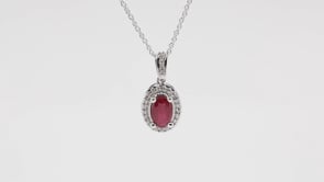 Genuine Oval Ruby Pendant with .08 ct. tw. Diamond Halo & Bail with Milgrain Edging in 10K White Gold front view