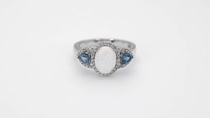 Created Oval Opal, London Blue Topaz & Created White Sapphire Ring in Sterling Silver close-up detail