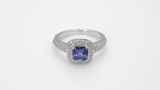 Cushion Tanzanite and 3/8 ct. tw. Diamond Halo Ring in 14K White Gold close-up detail