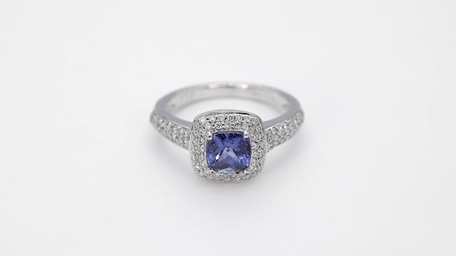 Cushion Tanzanite and 3/8 ct. tw. Diamond Halo Ring in 14K White Gold close-up detail