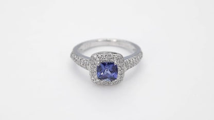 Cushion Tanzanite and 3/8 ct. tw. Diamond Halo Ring in 14K White Gold close-up detail