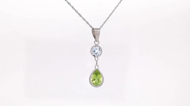 Pear Peridot and Round Blue Topaz Pendant in 14K White Gold front view