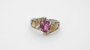 Black Hills Gold Oval Pink Topaz & Leaf Ring in Sterling Silver front view