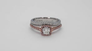 3/4 ct. tw. Cushion Cut Halo Diamond Wedding Set with Round Brilliant White & Pink Diamond Band in 14K Two-Tone side profile