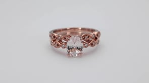 Love in Color Genuine Oval Morganite Wedding Set with 1/10 ct. tw. Diamond Milgrain Accented Band in 14K Pink angled view