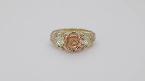 Black Hills Gold Green & Pink Leaf Textured Rose Ring in 10K Yellow Gold close-up detail