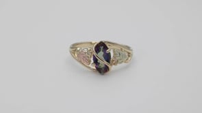 Black Hills Gold Marquise Mystic Fire Topaz Double Leaf & Grapevine Ring in 10K Yellow Gold close-up detail
