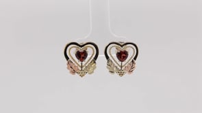 Black Hills Gold Garnet Milgrain Double Heart Earrings in 10K Yellow Gold close-up detail