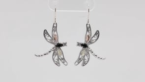 Black Hills Gold Marquise Onyx & Cubic Zirconia Dragonfly Dangle Earrings in Sterling Silver front view