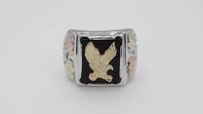 Black Hills Gold Men's Rectangle Onyx & Eagle Ring in Sterling Silver & 10K Yellow Gold close-up detail