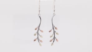 Black Hills Gold Pink & Green Leaf Hanging Branch Dangle Earrings in Sterling Silver front view