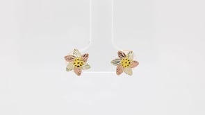 Black Hills Gold Pink & Green Leaf Flower Earrings in 10K Yellow Gold front view