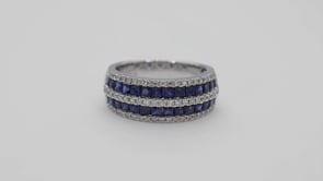 Princess Cut Sapphire and 1/3 ct. tw. Triple Row Diamond Fashion Band in 10K White Gold close-up detail