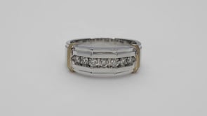 1/2 ct. tw. Men's Round Brilliant Diamond Channel-Set Wedding Band with Brushed Center in 10K White & Yellow close-up detail