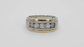 Men's 1 ct. tw. Round Brilliant 5 Stone Wedding Band in 10K Two-Tone White & Yellow Gold close-up detail