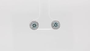 Lightbox 1 ct. tw. Lab-Grown Round Blue Diamond Halo Earrings in 10K White Gold close-up detail