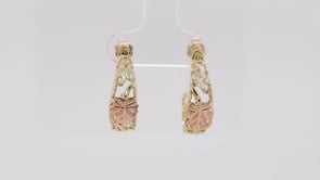 Black Hills Gold Pink & Green Leaf Vine J Hoop Earrings in 10K Yellow Gold front view